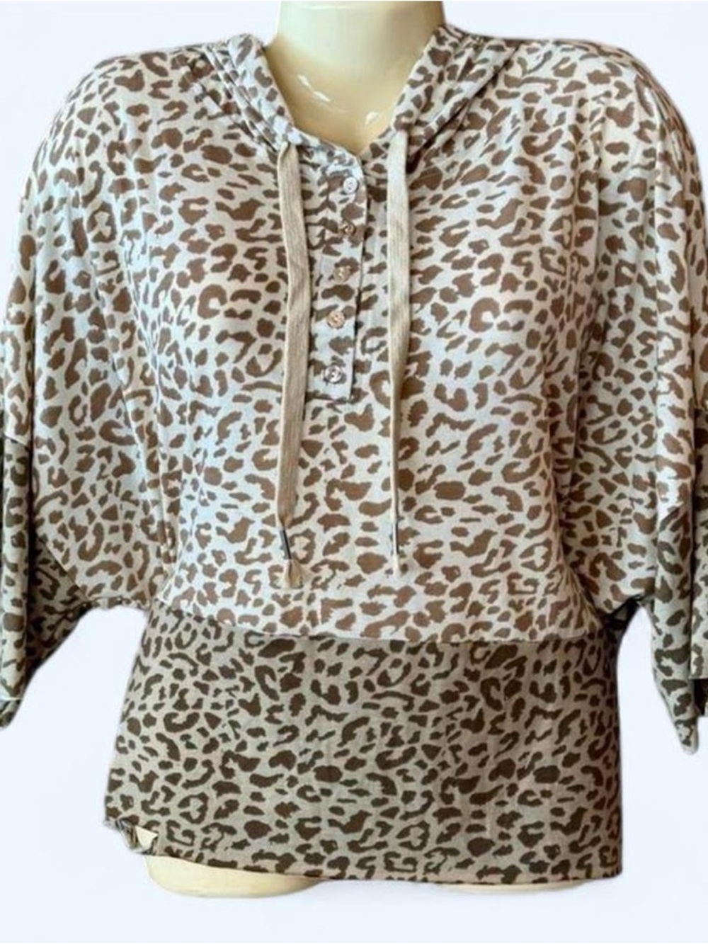 POL Neutral Leopard-Pattern Hooded Top in Taupe and Cream